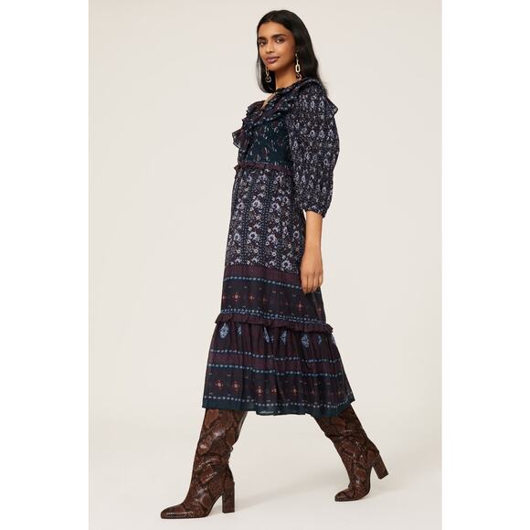 Sea Nadine Navy Blue Border Print Puff Sleeve Ruffled V-Neck Maxi Dress Size 14 - Picture 2 of 16